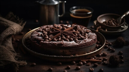 Homemade chocolate cake kladdkaka in vintage dish with coffee beans - obrazy, fototapety, plakaty