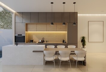 Minimal white kitchen and dining table. 3D illustration rendering