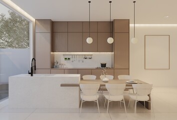 Minimal white kitchen and dining table. 3D illustration rendering