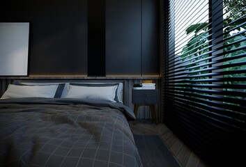 interior of the bedroom is minimal with black base tones. 3D illustration rendering