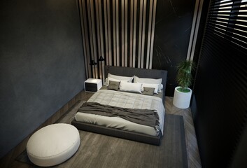 interior of the bedroom is minimal with black base tones. 3D illustration rendering