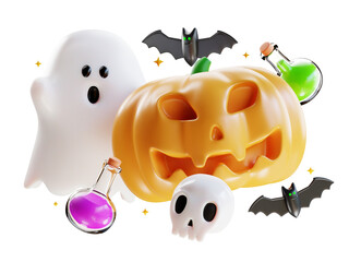 Halloween Holiday Scary Pumpkin head with potion poison, bat, skull and cute ghost. Halloween elements concept for web banner, poster, ads brochure, greeting card, party invitation. 3D Rendering