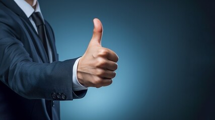 LIght skinned hand in dark blue jacket and white shirt thumbs up on shaded blue background