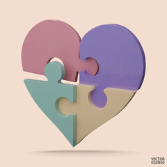 3D Cartoon Love Puzzle jigsaw isolated on beige background. Pastel heart jigsaw puzzle. World Health Day, Valentine day symbol. Jigsaw heart symbol. charity donation. 3D vector illustration.