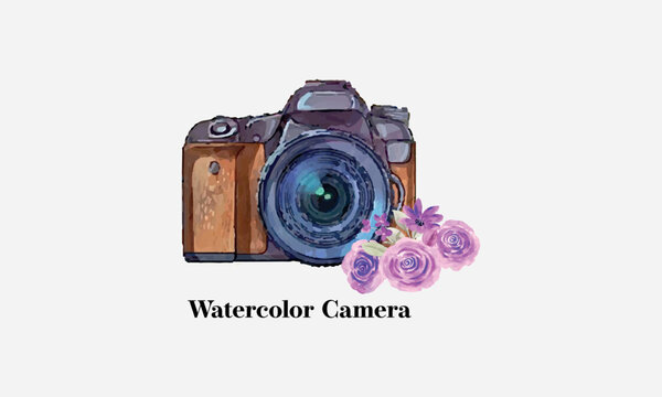 watercolor camera logo, watercolor camera flowers illustrations