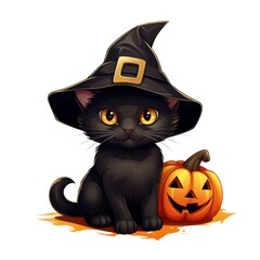Fototapeta premium illustration of a cat and Halloween pumpkin. Halloween Cat and Jack o Lantern Background. Generative A