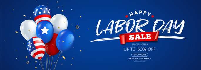 Fototapeta na wymiar Happy Labor day sale, balloons in national colors of american flag banner design on blue background, eps10 vector illustration 