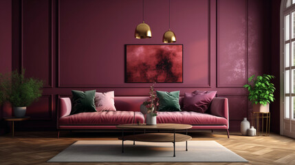 Viva magenta wall background mockup with sofa furniture and decor