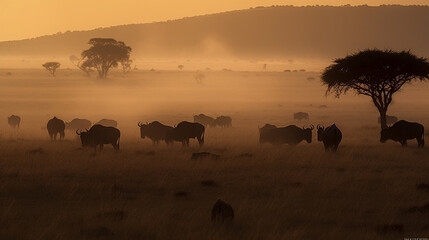 Fototapeta na wymiar A herd of wildebeest migrates on the African savannah as the sun goes down. Generative AI