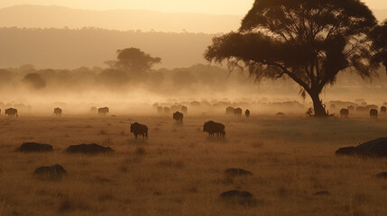 A herd of wildebeest migrates on the African savannah as the sun goes down. Generative AI