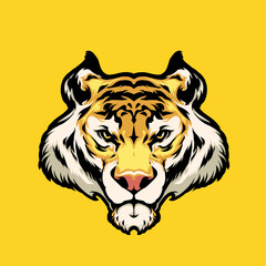 Tiger head mascot. Vector illustration of tiger head isolated on yellow background.