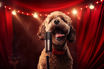 cute dog singing through microphone with stage background