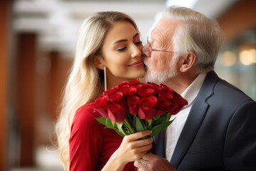 Wealthy Old man kissing a beautiful attractive stylish young woman