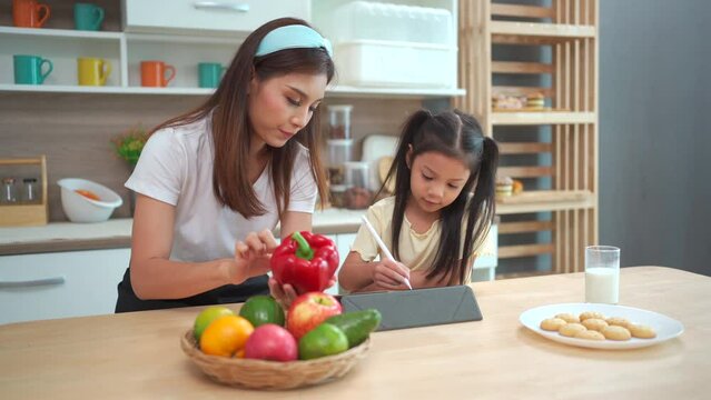 mother teaching her daughter drawing or sketching a fruit picture on digital tablet. Single mom and daughter.