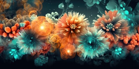 Fototapeta na wymiar Beautiful abstract coral, turquoise, and yellow night photo floral design background banner. beautiful Generative AI AIG32