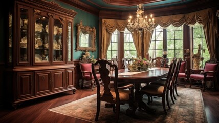 Fototapeta na wymiar Interior design inspiration of Traditional Classic style home dining room loveliness decorated with Mahogany and Crystal material and Bay Window .Generative AI home interior design .