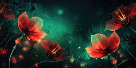 Beautiful abstract red and green night photo floral design background banner. beautiful Generative AI AIG32