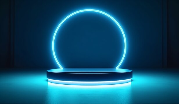 A blue podium illuminated by a captivating neon frame in the dark. Made with generative AI technology