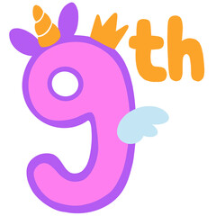 9th number with unicorn theme illustration