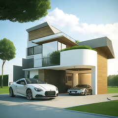 Free photo 3d electric car and building house generated ai