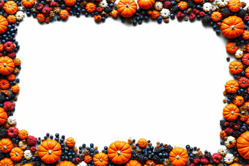 Frame  of pumpkins, leaves and berries on a white background for postcards. Halloween, Flat autumn composition with empty space.