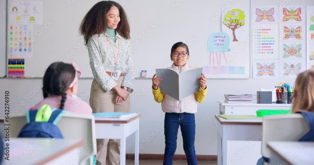 Poster student, child and reading a book in class for learning, development and communication. a boy kid an