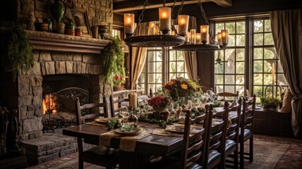 Interior design inspiration of Traditional Rustic style home dining room loveliness decorated with Stone and Leather material and Fireplace .Generative AI home interior design .