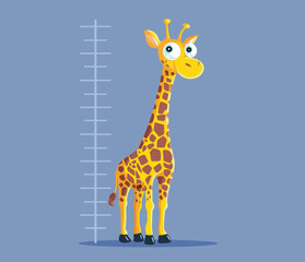 Funny Cartoon Giraffe Measuring her Height with a Chart Vector Cartoon Illustration. Cheerful tall animal standing next to a size measuring meter
