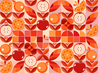 Hand drawn flat design geometric mosaic pattern with autumn seasonal fruits shapes for background