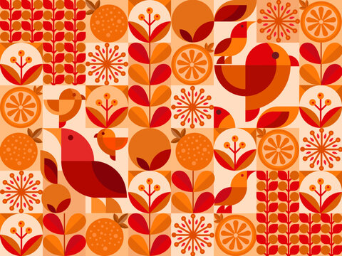 Hand drawn flat design geometric mosaic pattern with natural bird and plant shapes for background