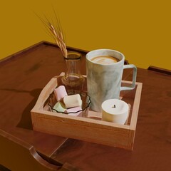 3d computer-rendered illustration of a breakfast tray of food cup of coffee and cookies