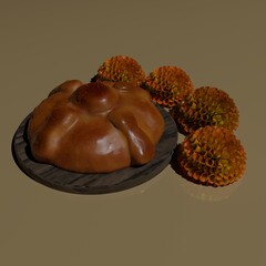3D computer-rendered illustration of a loaf of bread in a bowl