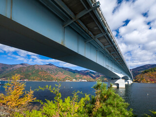 Looking up from lakeside at the big bridge over the lake (Lake Kawaguchi, Yamanashi, Japan)