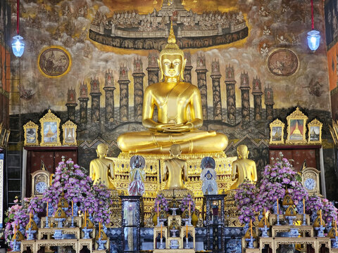 BANGKOK, THAILAND - AUGUST 29, 2023: Ancient Buddha Image at Wat Rakhang Kositaram Woramahawihan Temple, Bangkok Thailand.