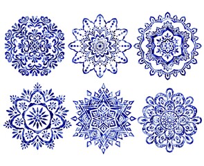 Indigo Watercolor hand drawn mandala flowers pattern, ethnic vintage design elements bundle.
