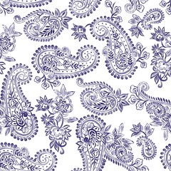 Inidgo Watercolor paisley floral seamless horizontal border, hand drawn vintage ornate ethnic pattern.