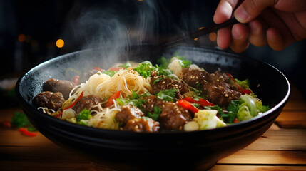 Noodles filled with meatballs meat, delicious celery fragrant, vegetables ,hand using chopsticks to pick up cooked with steam and smoke in a bowl on a wooden background. Generative AI Illustration.