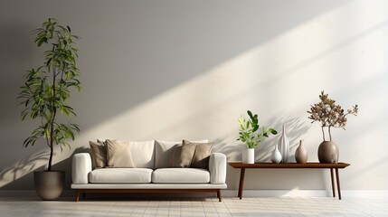 Modern living room with white wall, plant, and no furniture..