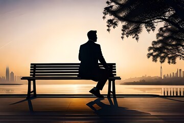 Fototapeta na wymiar silhouette of a person sitting on a bench at sunset illustration