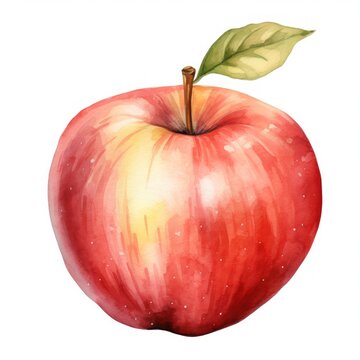 Watercolor red apple fruit whole closeup isolated on a white background.