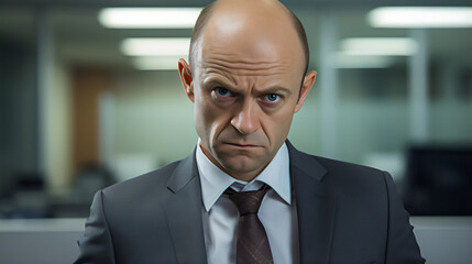 portrait of annoyed, serious, balding man wearing gray suit in dingy office 