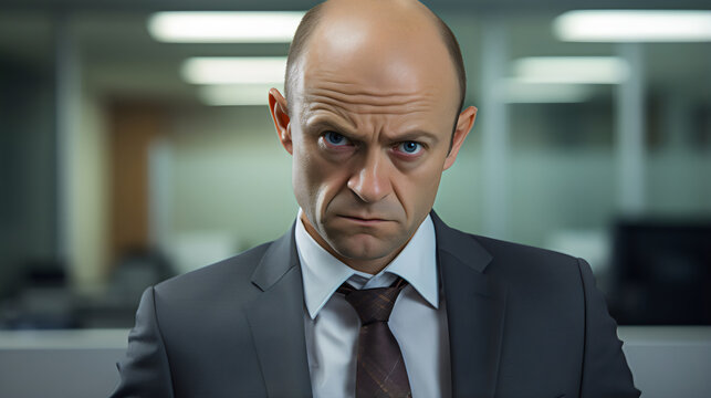 portrait of annoyed, serious, balding man wearing gray suit in dingy office 