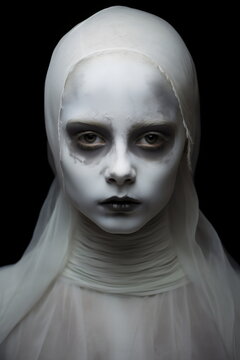 child with spooky white ghost halloween makeup and gossamer fabric hood isolated on dark black background