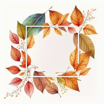 Square frame with autumn leaves watercolor painted isolated on white background. Theme of vintage minimal art design in geometric. Finest generative AI.