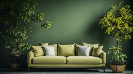 Interior of a contemporary living room with a green sofa, green plants, and green walls..
