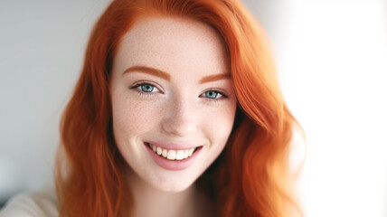 Fototapeta premium young adult woman with red hair ,redhead, freckles on face, 20s, very fair white skin, smiling and looking forward, new day early morning, motivated and in a good mood, beautiful life
