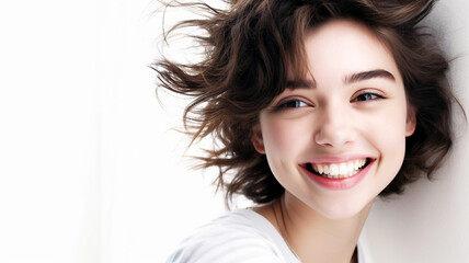 a teenager, underage, about 16 years old, caucasian, portrait, brunette hair, dark brown eyes, smiling cheeky and happy and having fun and joy, good mood and nice day, girl or teenager