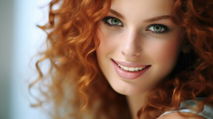 Fototapeta premium lucky happy life and good mood, A young adult woman, wearing light gray sweater, summer or home, cozy casual, Caucasian, redhead, red hair
