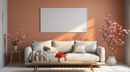 Mock-up of a poster frame with a background of a living room in warm, gray tones in a home..