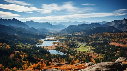 Zelfklevend Fotobehang Panorama of a mountainous fall scene.. © Sawitree88
